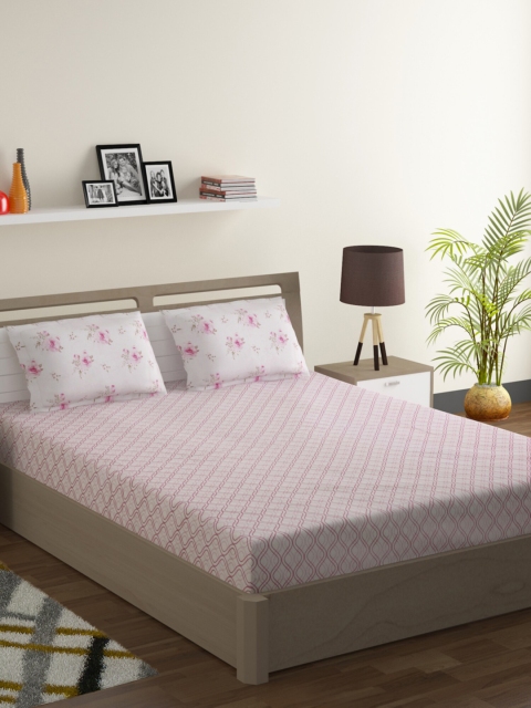 

SWAYAM White & Pink Geometric 200 TC Cotton 1 Queen Bedsheet with 2 Pillow Covers