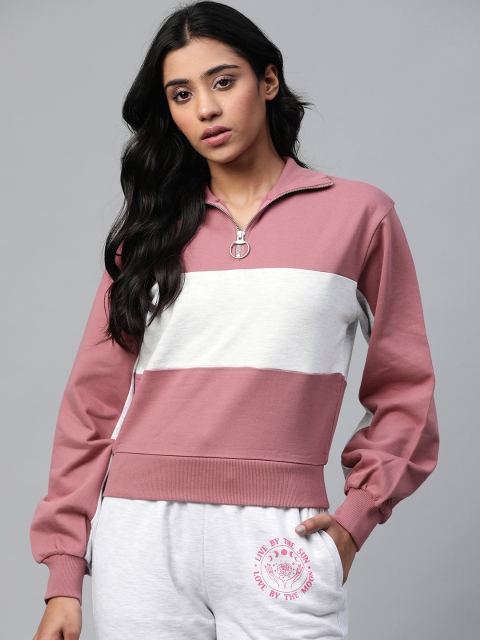 

VividArtsy Women Pink & Off-White Pure Cotton Colourblocked Sweatshirt