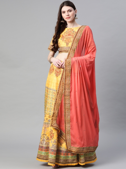 

Readiprint Fashions Yellow & Orange Kalamkari Print Semi-Stitched Lehenga Choli
