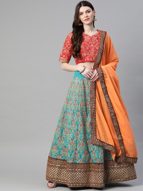 

Readiprint Fashions Blue & Red Embroidered Semi-Stitched Lehenga & Unstitched Blouse with Dupatta