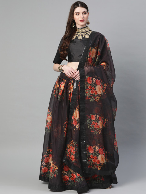 

Readiprint Fashions Black & Orange Floral Print Semi-Stitched Lehenga Choli