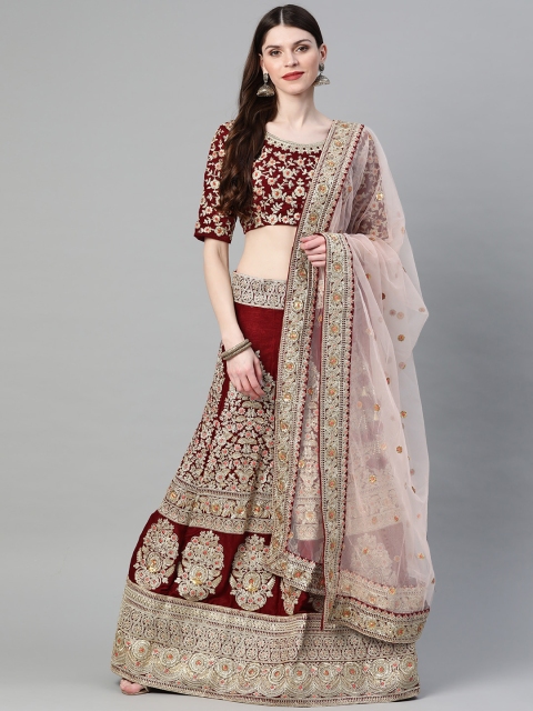 

Readiprint Fashions Maroon & Pink Embroidered Semi-Stitched Lehenga & Unstitched Blouse with Dupatta