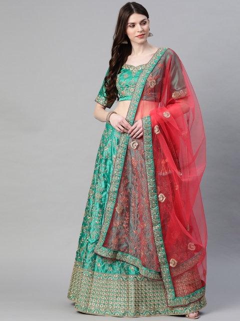

Readiprint Fashions Green & Pink Embroidered Semi-Stitched Lehenga & Unstitched Blouse with Dupatta