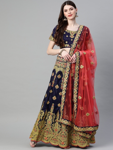 

Readiprint Fashions Navy Blue & Pink Embroidered Semi-Stitched Lehenga & Unstitched Blouse with Dupatta