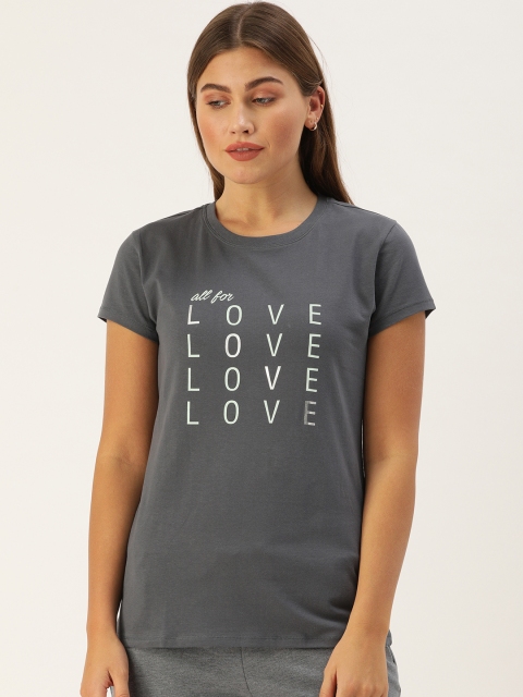 

Enamor Women Charcoal Grey & White Printed Slim Fit Lounge T-shirt