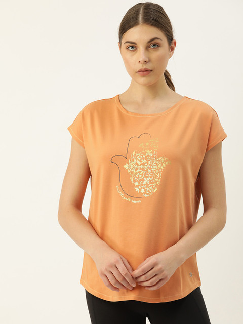

Enamor Women Cider Dolman Sleeves Boat Neck Super Graphic Printed Antimicrobial T-Shirt, Orange