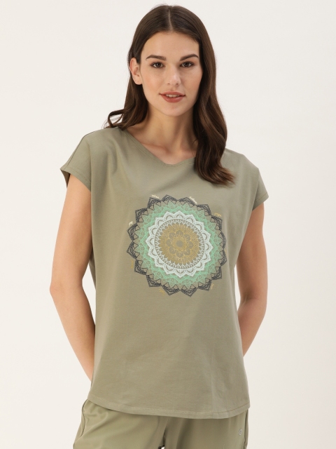 

Enamor Women Olive Green Dolman Sleeves Boat Neck Graphic Printed Antimicrobial T-Shirt