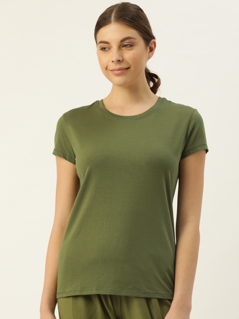 

Enamor Women Olive Green Slim Fit Crew Round Neck T-Shirt