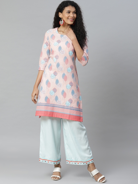 

Rangriti Women Pink & Blue Printed Straight Kurta