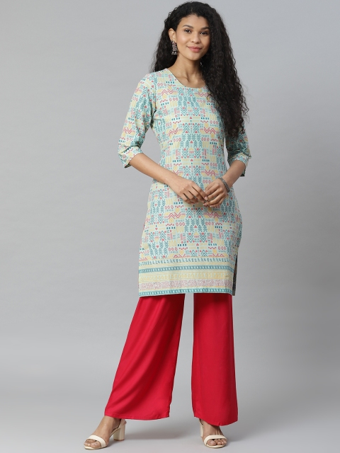 

Rangriti Women Green & Mustard Yellow Printed Straight Kurta, Turquoise blue