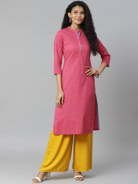 

Rangriti Women Pink & Blue Printed Pure Cotton Straight Kurta