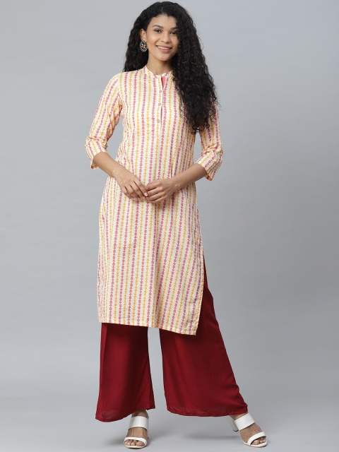 

Rangriti Women Off-White & Pink Printed Straight Kurta