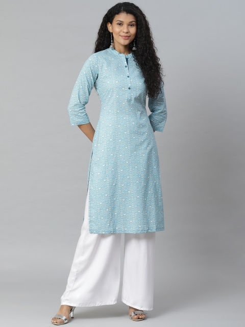 

Rangriti Women Blue & White Printed Pure Cotton Straight Kurta