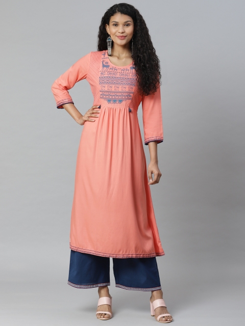 

Rangriti Women Peach-Coloured & Blue Yoke Design A-Line Kurta