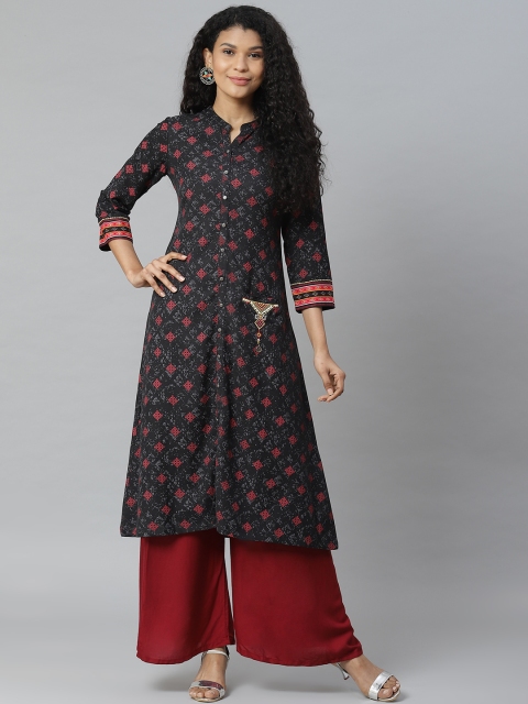 

Rangriti Women Black & Red Woven Design Straight Kurta