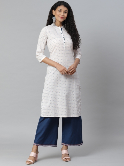 

Rangriti Women White & Blue Printed Straight Kurta