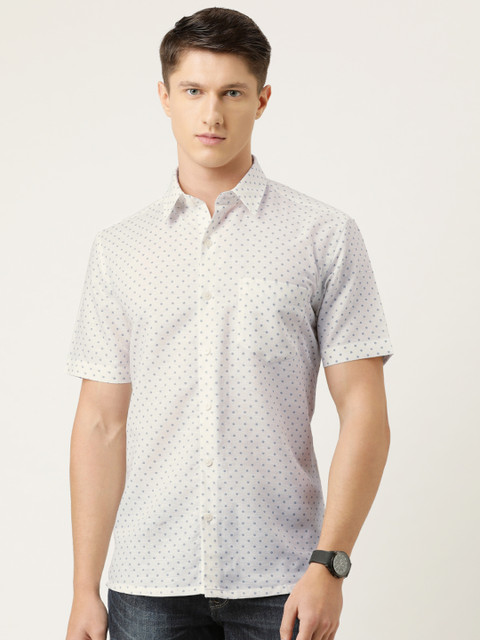 

Burnt Umber Men White & Grey Geometric Print Slim Fit Casual Shirt