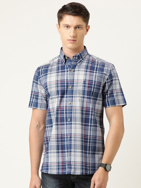 

Burnt Umber Men Blue & White Checked Pure Cotton Slim Fit Casual Shirt