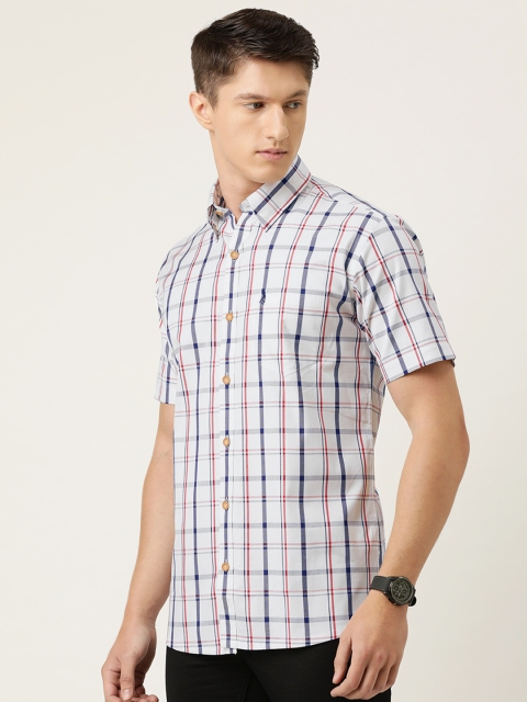 

Burnt Umber Men White & Navy Fine Oxford Pure Cotton Slim Fit Checked Casual Shirt