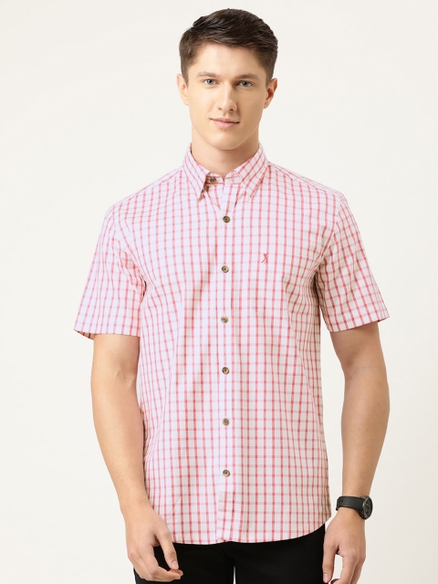 

Burnt Umber Men White & Pink Checked Pure Cotton Slim Fit Casual Shirt