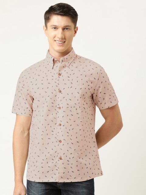 

Burnt Umber Men Beige & Navy Blue Feathers Print Casual Shirt