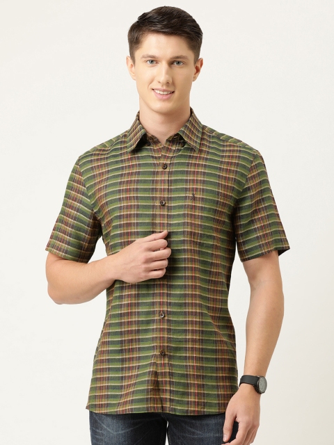 

Burnt Umber Men Green & Grey Checked Slim Fit Linen Shirt