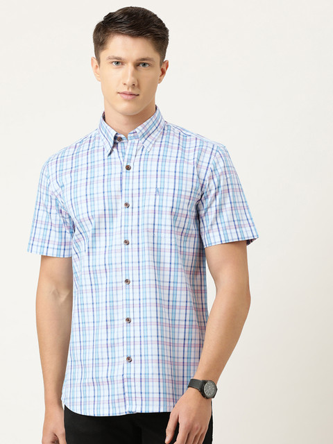 

Burnt Umber Men White & Blue Checked Slim Fit Pure Cotton Casual Shirt
