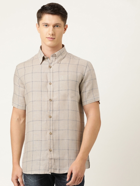 

Burnt Umber Men Off-White & Black Linen Regular Fit Checked Casual Shirt