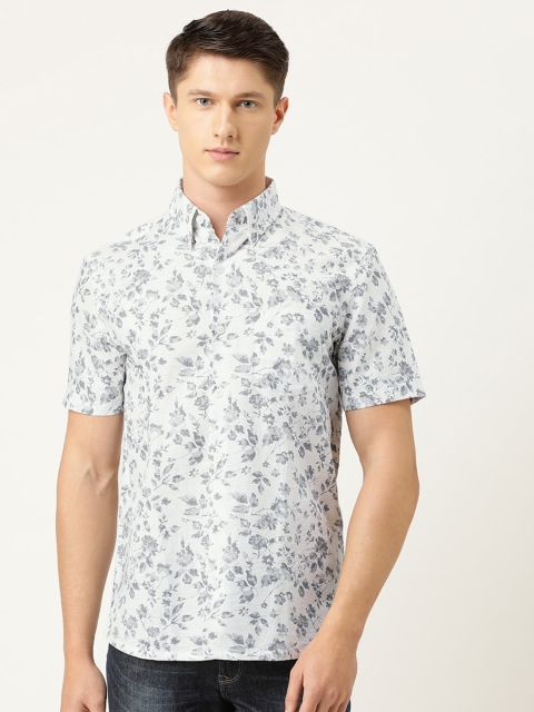 

Burnt Umber Men White & Grey Slim Fit Floral Print Casual Shirt