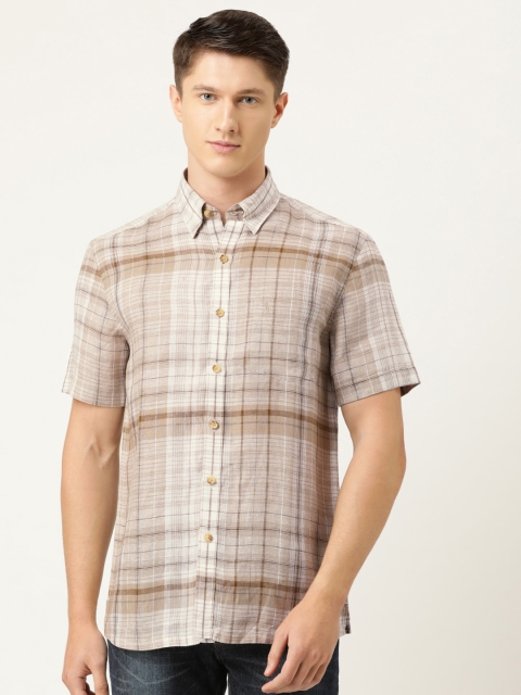 

Burnt Umber Men Beige & Off-White Pure European Linen Slim Fit Tartan Checked Casual Shirt