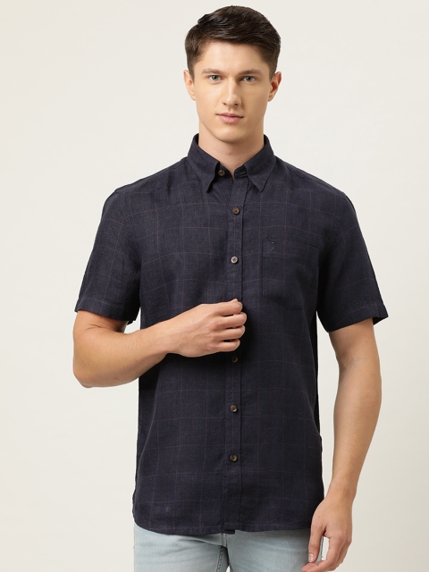 

Burnt Umber Men Navy Blue Pure Linen Slim Fit Checked Casual Shirt
