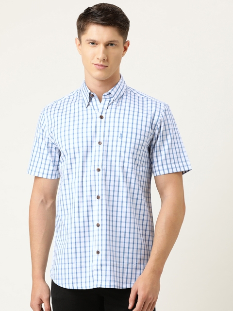

Burnt Umber Men White & Blue Pure Cotton Slim Fit Checked Casual Shirt