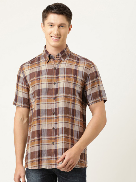

Burnt Umber Men Brown & Beige Pure European Linen Slim Fit Tartan Checked Casual Shirt
