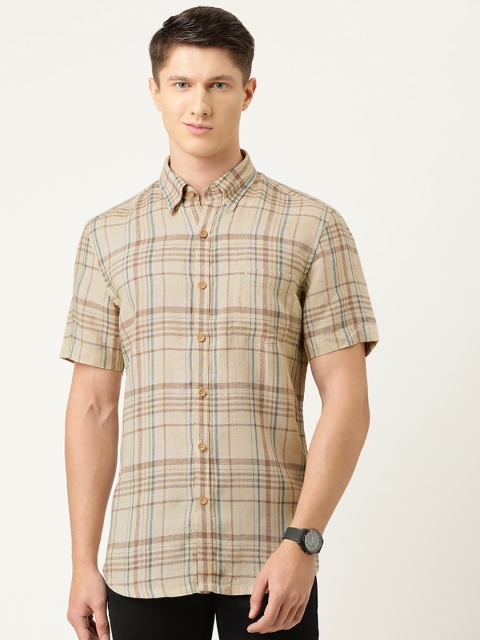 

Burnt Umber Men Beige & Green Regular Fit Checked Casual Shirt