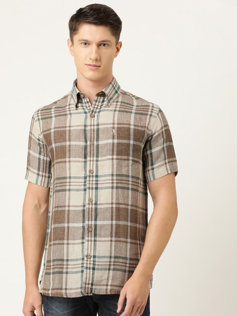 

Burnt Umber Men Off-White & Green Linen Regular Fit Checked Casual Shirt