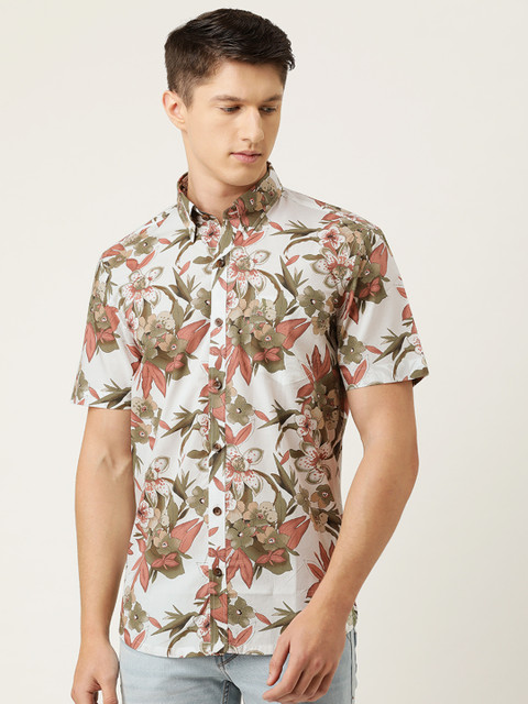 

Burnt Umber Men White & Olive Green Slim Fit Pure Cotton Floral Print Casual Shirt