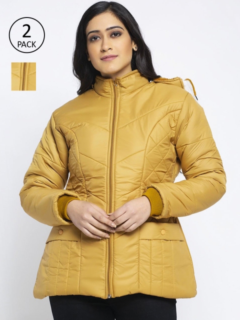 

KLOTTHE Women Mustard Yellow Checked Windcheater Padded Jacket