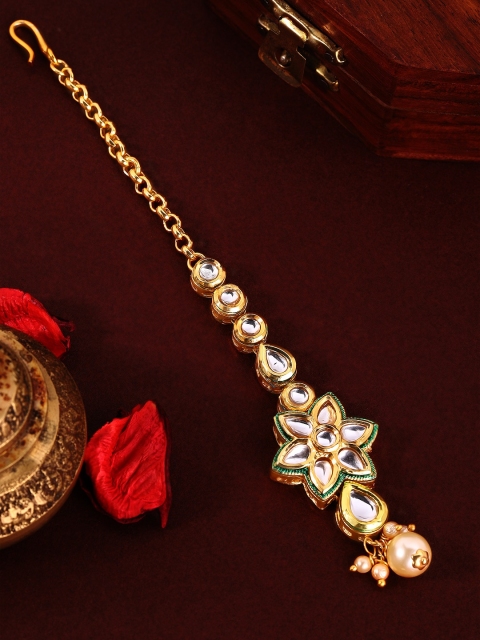 

Rubans 24K Gold Plated Handcrafted Kundan & White Pearls Studded Handcrafted Maangtikka