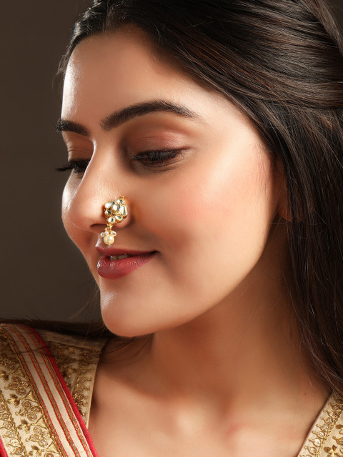 

Rubans 24K Gold-Plated White Kundan & Bead Studded Handcrafted Nose Pin