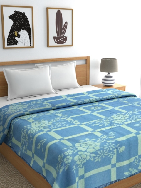 

Raymond Home Blue & Green Floral Printed Woolen 525 GSM Heavy Winter Double Queen Blanket