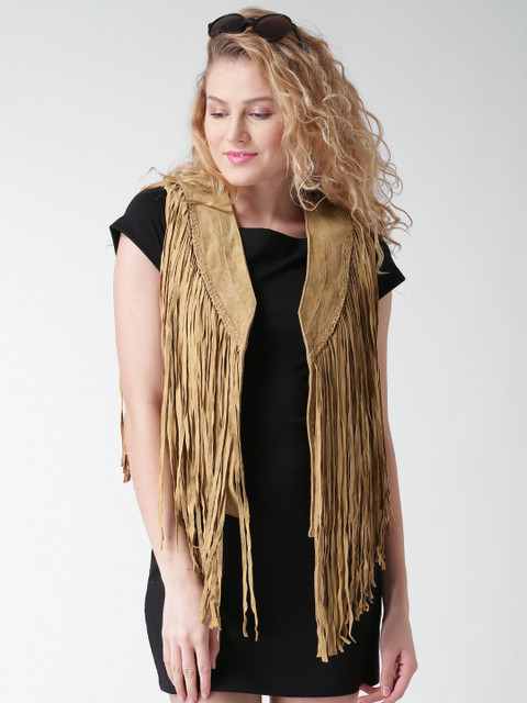 

FOREVER 21 Camel Brown Leather Jacket with Fringes