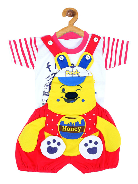 

ICABLE Infant Kids Red & White Printed T-Shirt With Dungaree