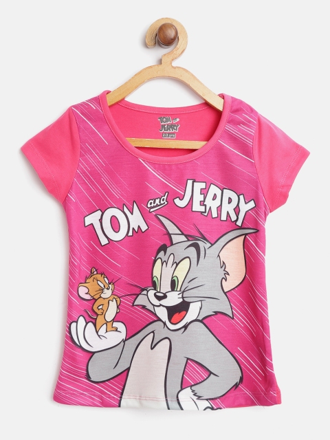 

Eteenz Girls Pink & Grey Tom and Jerry Print Pure Cotton Round Neck T-shirt