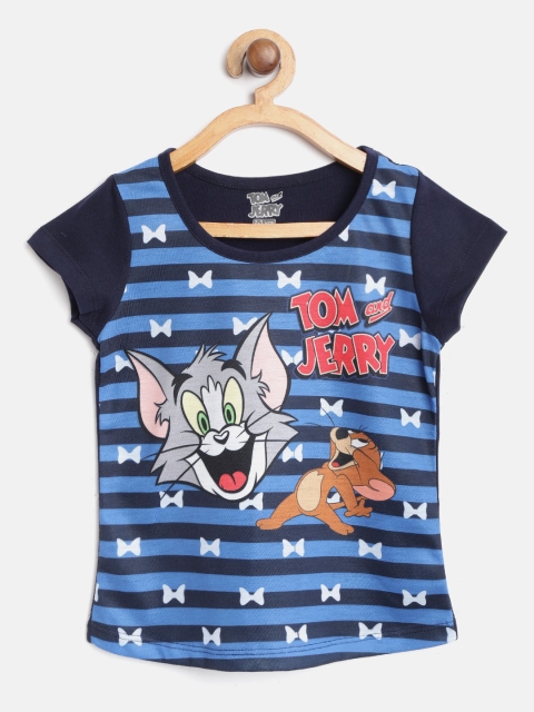 

Eteenz Girls Navy Blue & Grey Striped Pure Cotton T-shirt with Tom & Jerry Print Detail