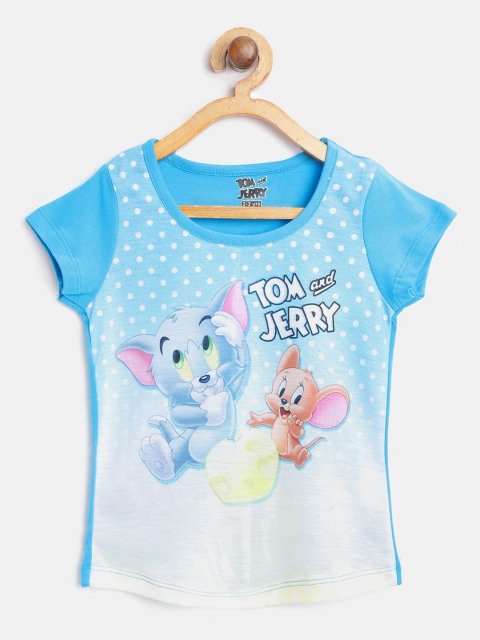 

Eteenz Girls Blue & Off-White Tom & Jerry Print Pure Cotton Round Neck T-shirt