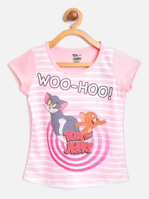 

Eteenz Girls Pink & White Tom & Jerry Printed Pure Cotton T-shirt With Striped Detail