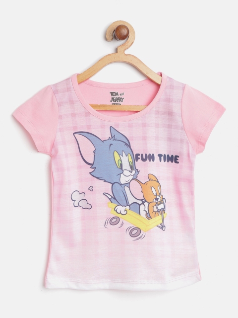 

Eteenz Girls Pink & Grey Tom & Jerry Printed Pure Cotton T-shirt With Checked Detail