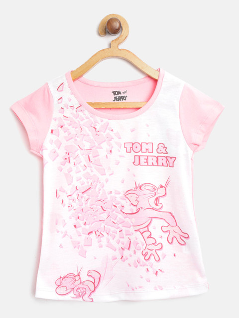 

Eteenz Girls Pink Tom & Jerry Printed Pure Cotton Round Neck T-shirt