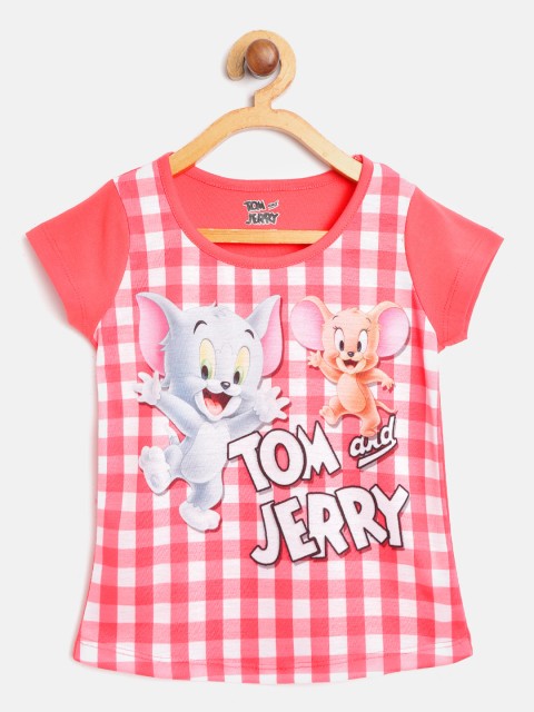 

Eteenz Girls Coral Pink & White Checked Tom & Jerry Print Pure Cotton Round Neck T-shirt