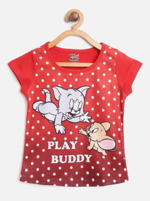 

Eteenz Girls Red & White Tom & Jerry Printed Pure Cotton Round Neck T-shirt